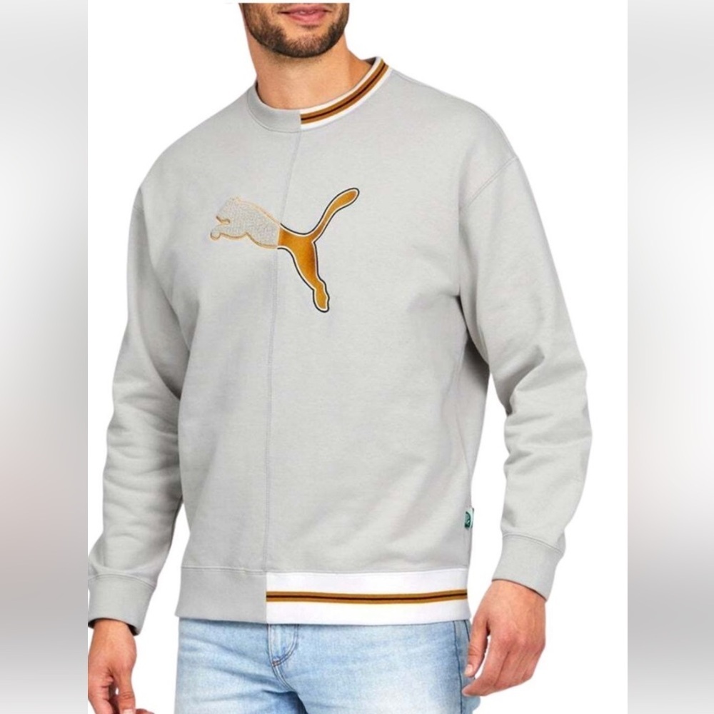 Puma Select Men's Light Gray Crewneck Sweater with Gold Logo Pullover XLG